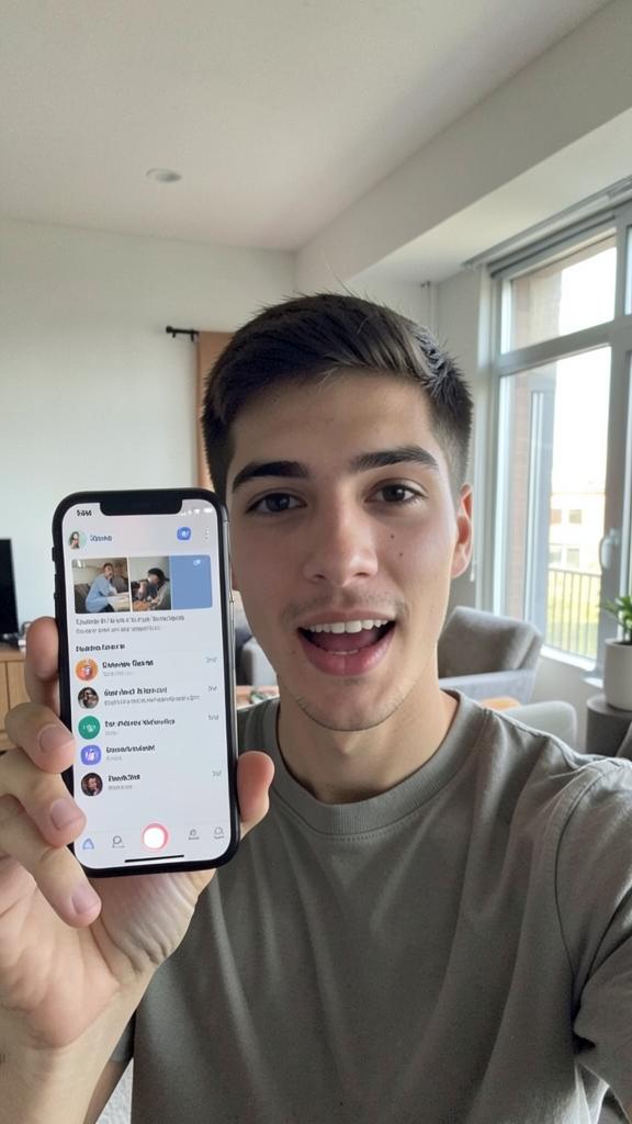 Creator holding a phone to camera showing an app