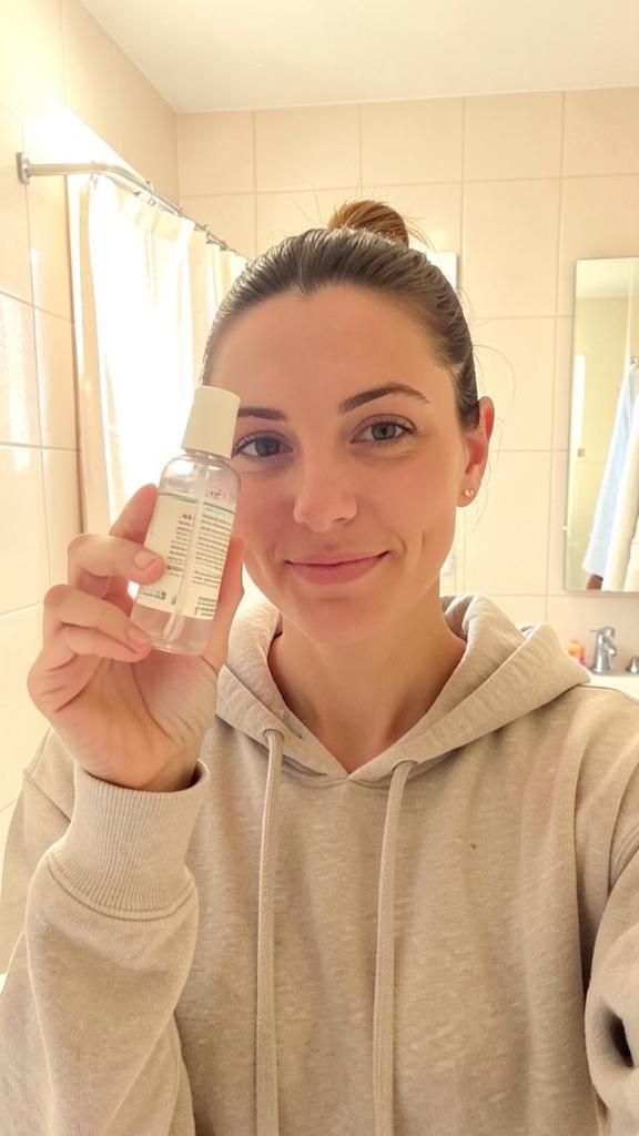 Creator holding a skincare serum bottle to camera